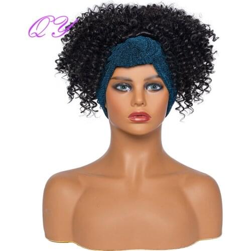 QY Hair Synthetic Headband Wig Curly Wig Natural Black Afro Kinky Culry Blue Wrap Wig Temperature Fiber Hair For African Woman