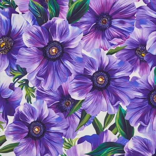 2020 Purple anemone flower Digital painting pure cotton fabric for summer dress шитье ткань telas tissu coton tissus tela sewing