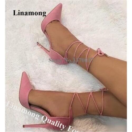 Linamong Women Spring Pointed Toe Stiletto Heel Pumps Pink Ankle Straps Cross High Heels Formal Dress Shoes Big Size Shoes