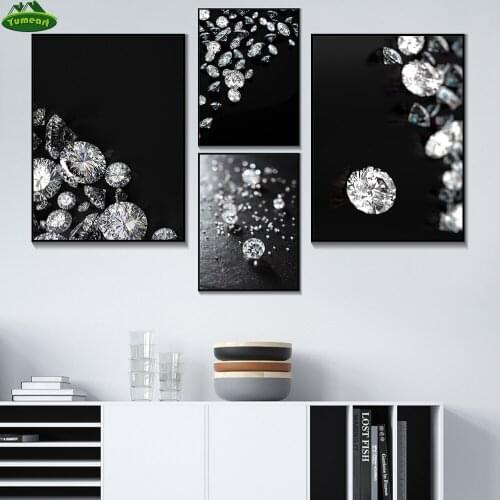 Yumeart Shining Diamond Stone Black and White Poster Print Word Gold Diamond Canvas Painting Wall Art Living Room Home Decor