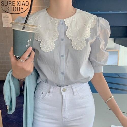 Korean Fashion Loose Blue Shirts Button Up Short Sleeve Summer Sweet Shirts Women New 2021 Chic Peter Pan Collar Tops 13846
