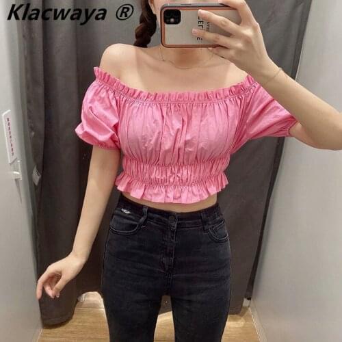 Klacwaya ZA 2021 Womens Short Top Sexy One Shoulder Bubble Short-Sleeved Off-The-Shoulder Stretch Poplin Solid Color Sweet Top