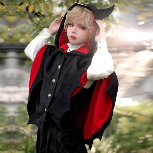 Women Halloween Gothic Devil Black Bat Ear Hooded for Girls Horror Demon Costume Fleece Poncho Hoodie Sweater Ouji Lolita Coat