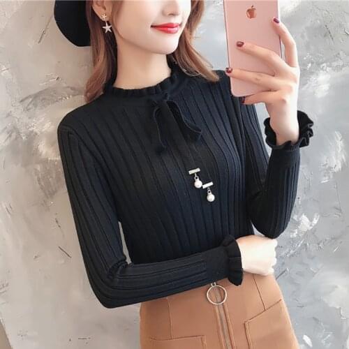 Womens Knitted Sweater Black Slim High Bow Lace Up Neck Knit Cute Korean Sweater Slim Elasticity New Ladies Sweaters Pull Femme