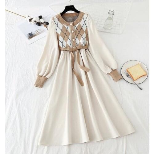 Women Patchwork Knitted Dress Spring Casual O Neck Long Sleeve A-line Dress Single-breasted Sweater Dresses Bandage Vestidos