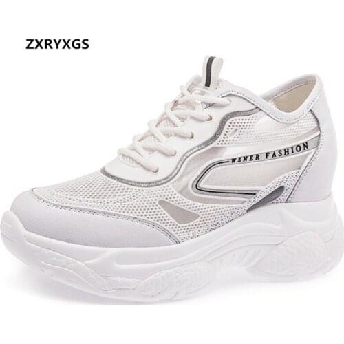 ZXRYXGS Lace-up Cowhide Mesh Breathable Shoes Women Sneakers 2020 New Increased Within High Heels Summer Sandals Casual Shoes