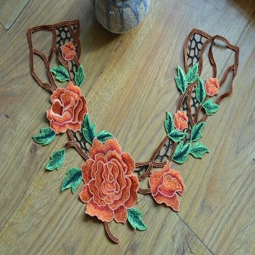 1ps/lot)orange big flower Embroidered Polyester Lace Applique Sewing Patch for Collar Bridal Dress