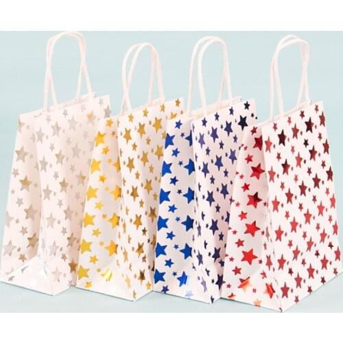12 Pcs/Lot Foil Stars Hot Stamping Paper Bags With Handle Birthday Party New Year Party Multifuntion Package Bags Tote Gift Ba