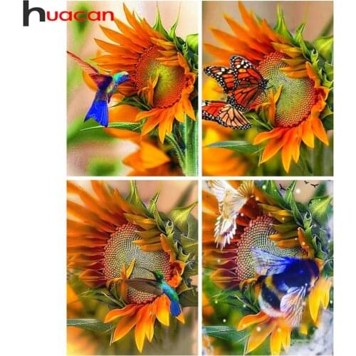 Huacan Diamond Art Painting Sunflower Home Decor Mosaic Butterfly Bird Embroidery Flower Animal Wall Stickers
