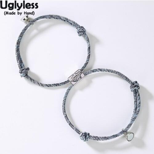 Uglyless 1Pair Lovers Infinity Bracelets Adjustable Rope Chain Bracelet for Couples 925 Silver Mountain Wave Bead Magnet Jewelry