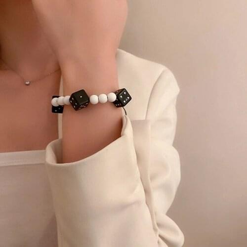 Hip Hop Black Square Acrylic Dice Beaded Bracelet White Resin Ball Thread String Rope Bracelets Bunco Adjustable Jewelry