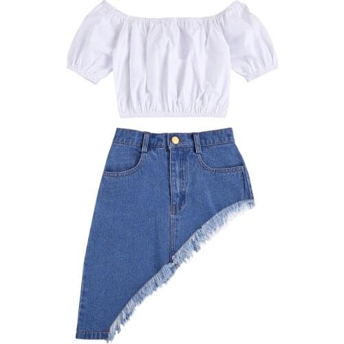 2021 Baby Summer Clothing Girl Tops Denim Skirt Short Sleeve Off Shoulder Shirt Ruffle Hem Side Pocket Half Dress 2Pcs 1-6Y