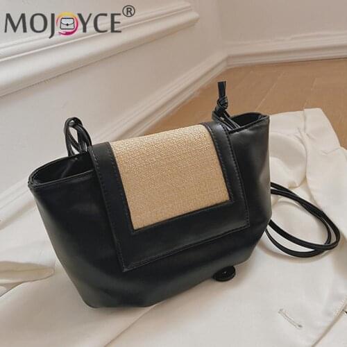Elegant PU Leather Crossbody Bags Small Ladies Pleated Straw Woven Messenger Bags Single Strap Shoulder Shopping Bags