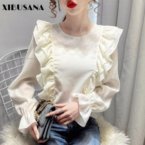Elegant Blouses Women Ruffle Chiffon Shirts 2021 Spring Autumn Long Sleeve Female Casual Pullover Tops O-neck Mujer Solid Blusas