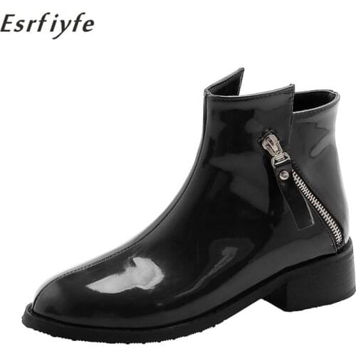 ESRFIYFE 2020 New Ankle Boots Women Patent Leather Thick Heel Round Toe Ankle Bootie Autumn Winter Shoes Handmade Large Size 15