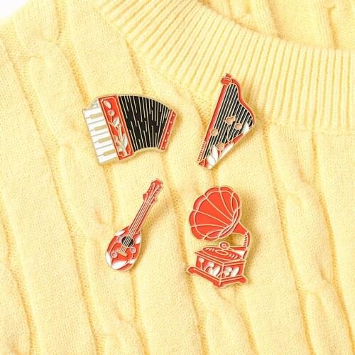 Custom Vintage Phonograph Instrument Enamel Pins Accordion Harp Banjo Brooch Shirt Lapel Old-School Badge Jewelry Gifts artwork