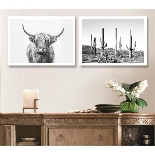 Canvas Painting Animal Wall Art Highland Bull Posters and Prints Wall Cactus Land Pictures for Living Room Decoration Home Decor