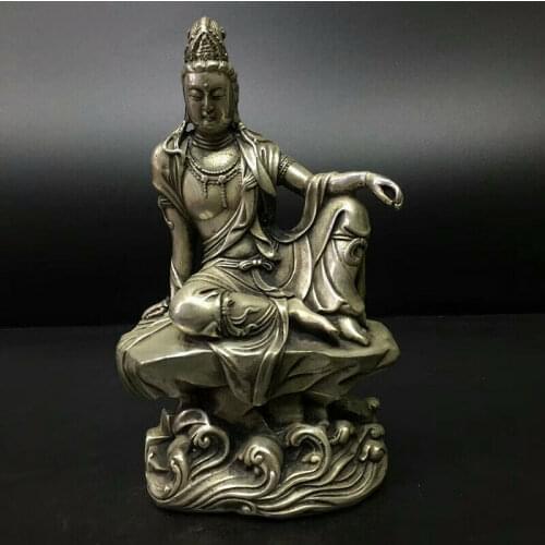China Old Tibet silver Hand carved Bodhisattva Guanyin statue w Qianlong Mark