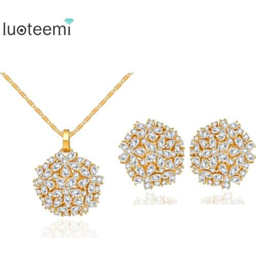 LUOTEEMI Brand Luxury New Fashion Clear CZ Crystal Wedding Party Flower Cut Necklace Earrings Set for Women Princess Jewelry Set