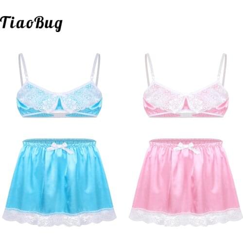 TiaoBug 2Pcs Mens Smooth Satin Lace Sissy Lingerie Set Adjustable Spaghetti Shoulder Straps Bra Top With Waistband Short Skirt