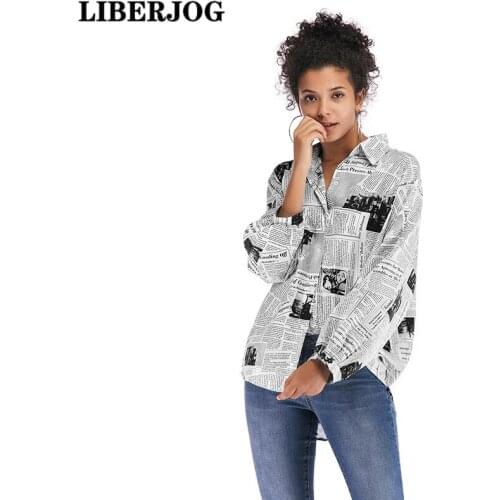 LIBERJOG 2020 Spring Letter Women Printing Newspaper Shirt Female Joker Long Sleeve Blouse Lady Top Summer