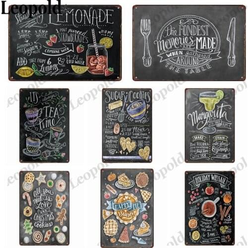 Metal Tin Poster Food Letter Black Background Card Board Wall Art Macaron Cake Metal Sign Old-Fashioned Bar Cafe Home Decoration