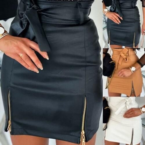 Fashion Women Sexy Skirt Skinny Pencil Skirt Bow Casual PU Leather Pencil Bodycon High Waist Mini Skirt Short Solid Color Skirt
