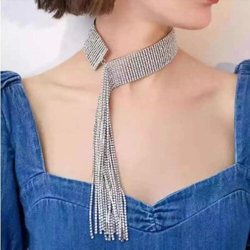 Fashion Rhinestone womens necklace shiny long tassel Pendant Necklace with clothing jewelry necklace wedding party accessories