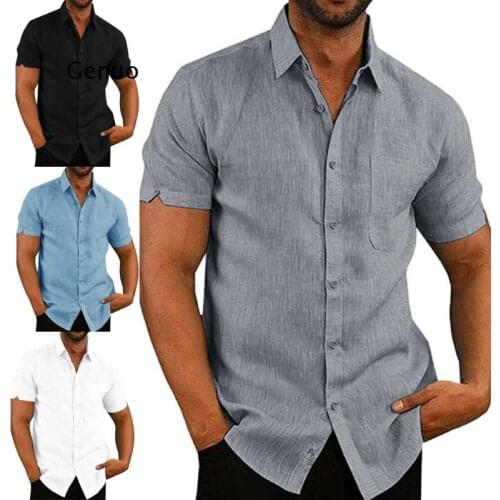 Mens Linen Blouse Short Sleeve Baggy Buttons Summer Solid Comfortable Pure Cotton And Linen Casual Loose Holiday Shirts Tee Tops