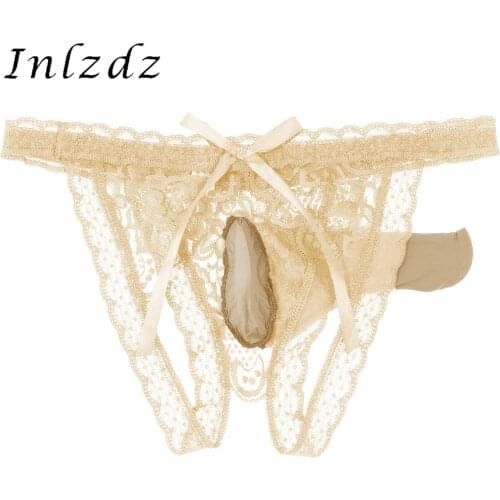 Mens Lingerie Crotchless Briefs Sexy Lace Bulge Pouch Underwear Bowknot Open Butt Panties Low Rise Elastic Waistband Underpants