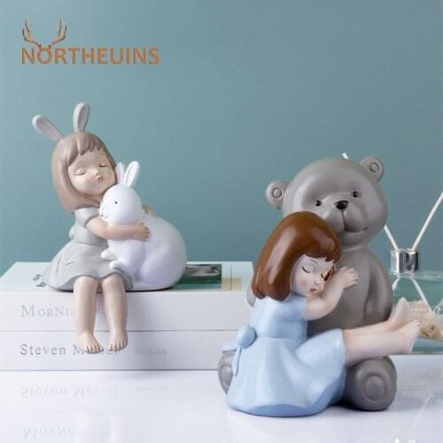 NORTHEUINS Resin Girl And Bear Bunny Bear Rabbit Figurines Creative Nordic Animal Sculpture For Interior Home Living Room Decor