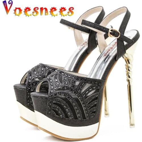 2021 New Womens Shoes Gold Rhinestone Stiletto Platform Sandals Summer Peep Toe Hollow High Heels Model Catwalk Stripper Shoes