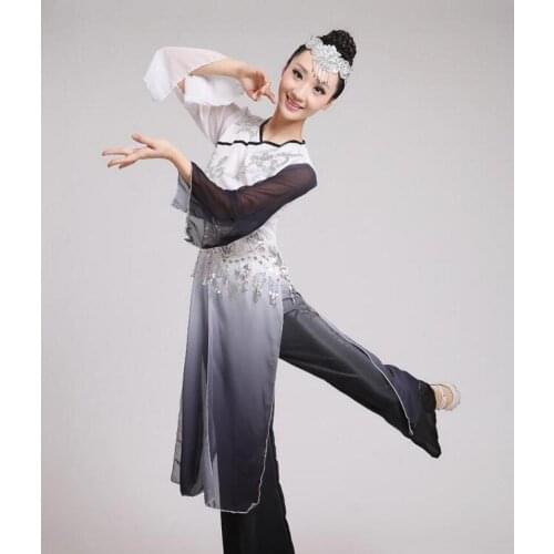 New 2 Pcs Chinese Folk Dance with Ink Classical Dance Clothing Yangko Dance Costumes Female Chinese Fan Dance Wear