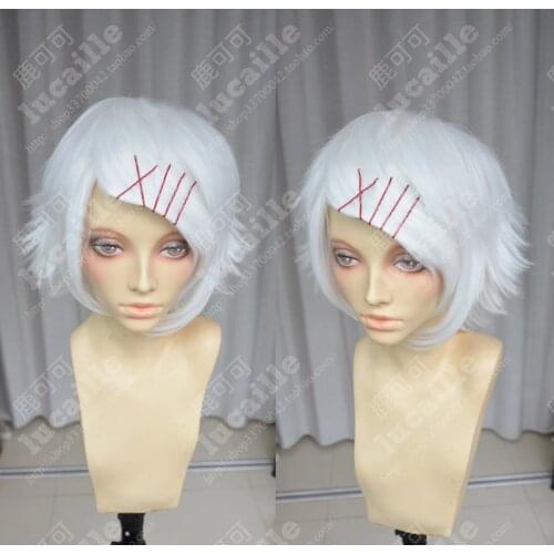 Anime Tokyo Ghoul Juzo Suzuya Juuzou REI Cosplay Wigs Pure White Heat Resistant Synthetic Hair Wig + Wig Cap+ 5 Red Hairpins