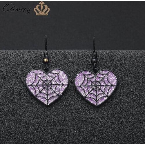 QIMING Purple Glitter Heart Spider Web Dangle Earrings Vintage Harajuku Jewelry Halloween Party Gift