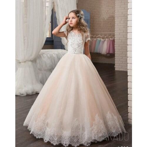 Princess Pink Short Sleeve Kids Prom Dress For 6-12 Years Old