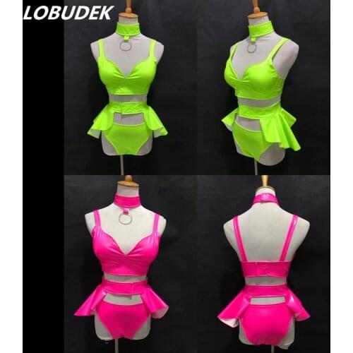 Sexy Fluorescent Elastic Lacquer Split Bikini Set Bar Party Rave Outfits Female DJ Dancer Gogo Costume Pole Dancing Stage Wear