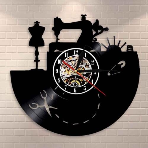 Sewing Design Vinyl Record Clock Sewing Machine Wall Clock Art Gifts for Seamstress Tailors Fashion Store Craft Room Wall Decor