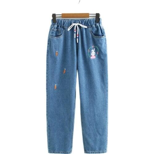 Blue Cartoon Rabbit Embroidery Denim Women Pants Casual Mid Waist Pockets Straight Jeans 2020 Summer Sweet Style Female Trousers