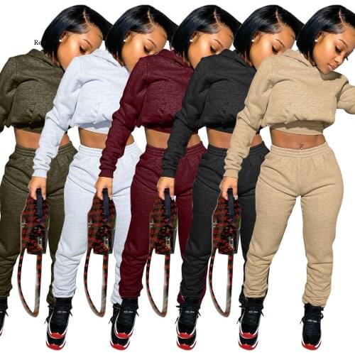 Hoodie Sexy Crop Top 2 Piece Fall Set Autumn Winter Women Outdoor Casual Solid Top and Long Pants Tracksuit Sweatsuit Outfits