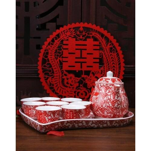 Chinese Traditional Wedding Ceramic Teacup Set Tea Pot Happiness Red Teapot Heart-shaped Tray Teaware Marriage Celebration