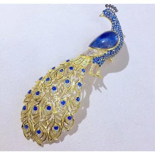 Animal peacock brooch 925 sterling silver with cubic zircon fine women jewelry for coat 27*80MM free shipping