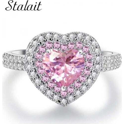 Women Girl Pink Heart Zircon Rings For Gold Rhinestones Wedding Engagement Designer Jewelry Promise Ring Valentine Gift