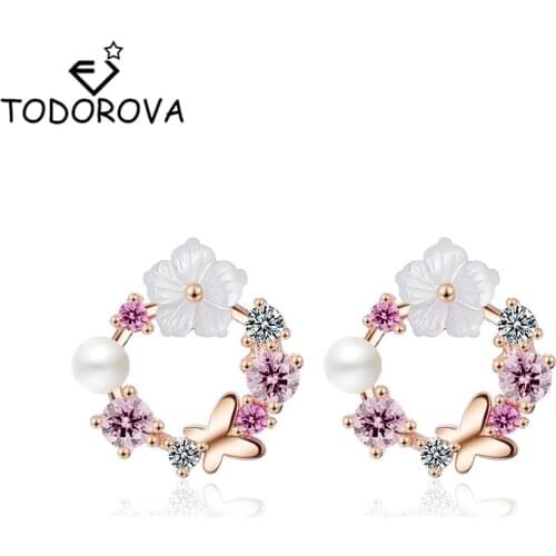 Todorova Shell Flower Wreath Small Round Circle Stud Earrings for Women Ear Studs Earing Brincos Korean Fashion Jewelry