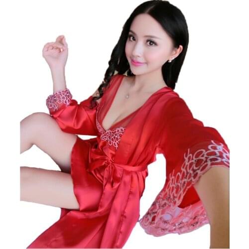 New Arrival 2016 Summer Style Silk Satin Robe Set For womens Free Shipping Mid-sleeve Bathrobe + Nightgown Two Pieces Sleepwear