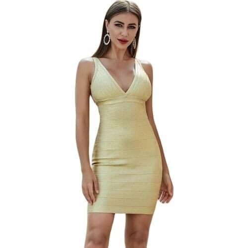 2020 Women Sexy V Neck Gold Mini Bodycon Bandage Dress Summer Chic Night Club Evening Celebrity Party Dress Vestido
