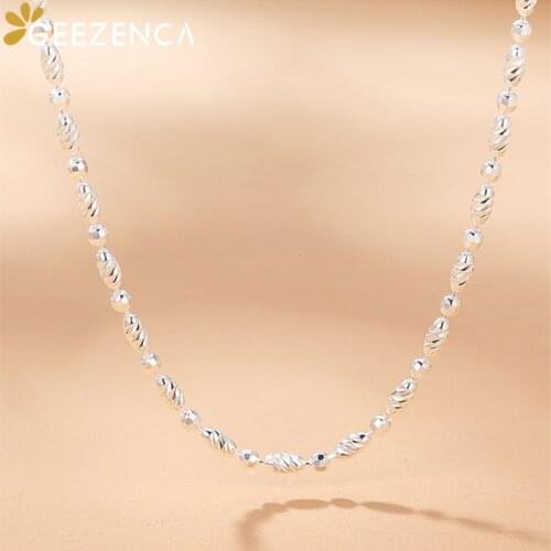 GEEZENCA S925 Silver Womens Necklace Italian Jewelry Fashion Shinny Platinum Plated Egg Bead Clavicle Chain Necklaces Gift New