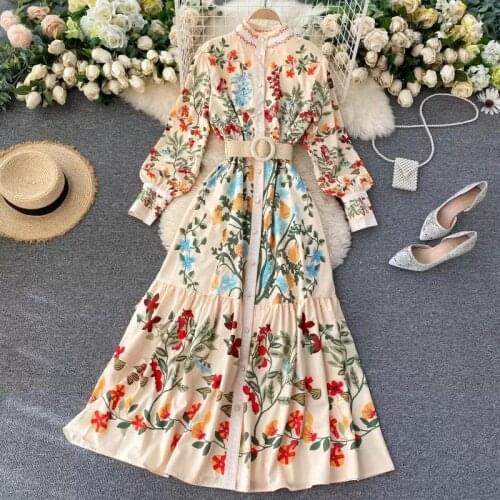 Court Style Women Floral Printing A-line Dresses 2021 Summer Stand Collar Single-breasted High Waist Vintage Dress New Arrivals
