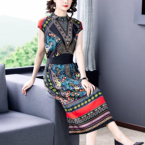 Women Vintage Bodycon Print Sexy Midi Dresses 2021 Summer Casual Floral 4XL Plus Size Mulberry Silk Dress Elegant Party Vestidos