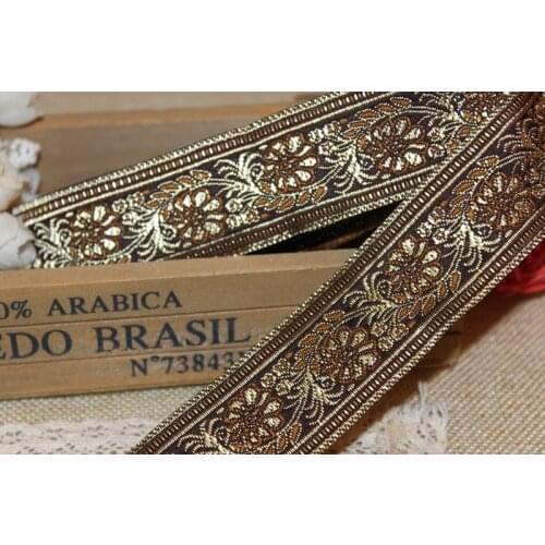 10yards/lot wide 3.4cm Woven Jacquard Ribbon gold brown flowers for hat curtain and clothing accessory LS-1093